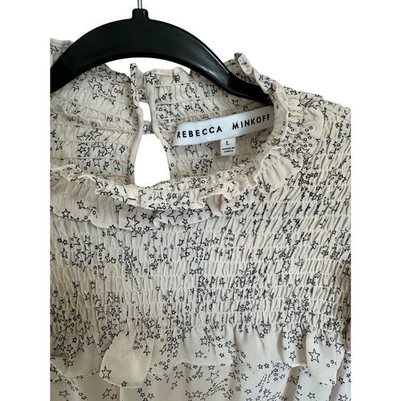 Rebecca Minkoff Sharon Smocked Ruffled Star-Print Top In Blush Pink Size Large - Picture 9 of 12